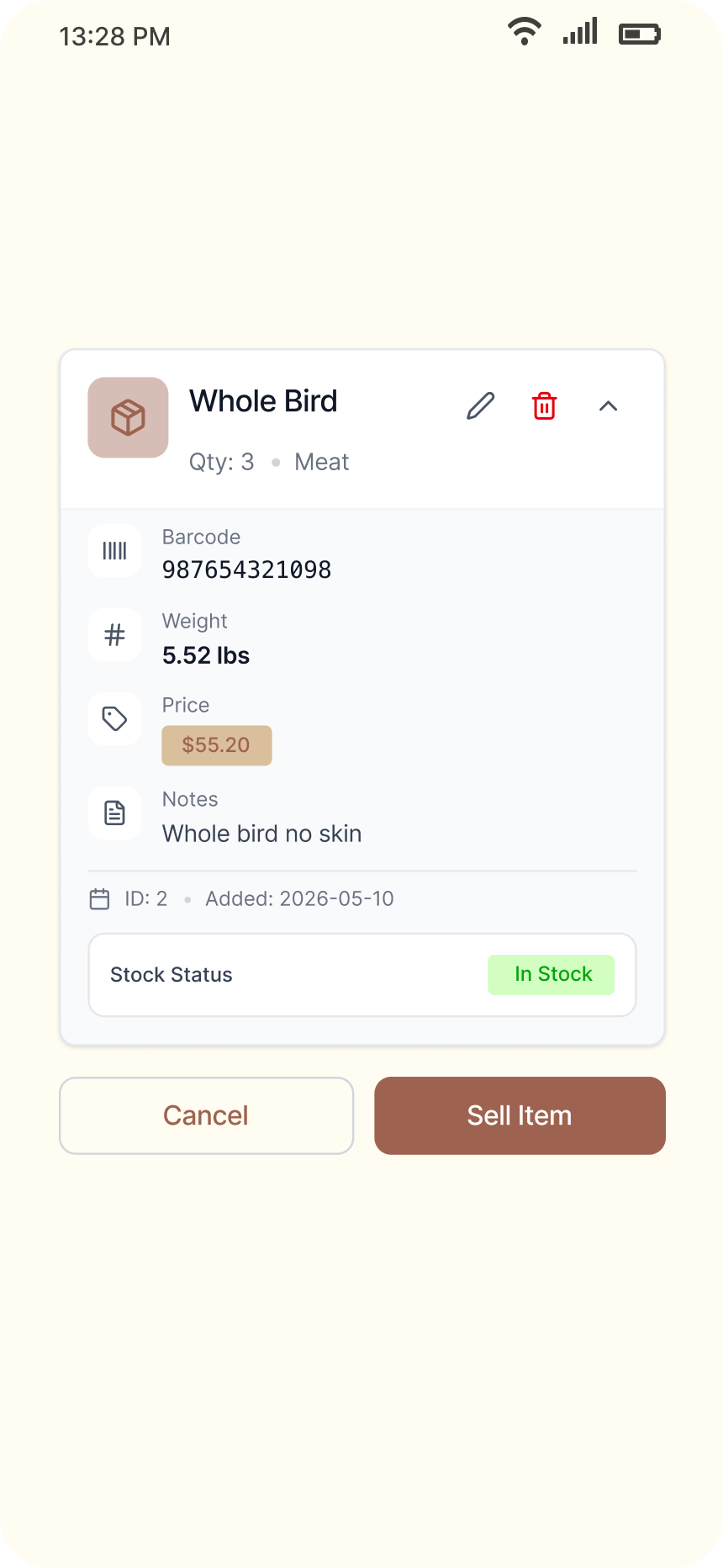 Clay product detail screen showing barcode, weight and price