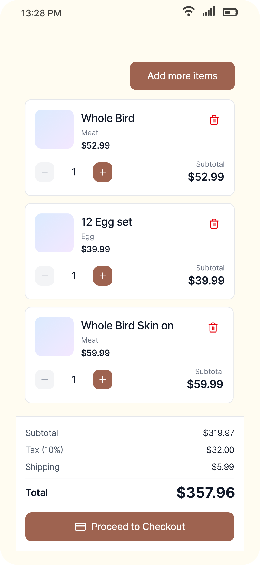 Clay checkout screen with product cart and totals